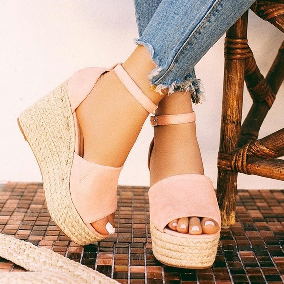 Shoes - Blush Faux Suede Wedge Peep Toe Espadrille Sandals